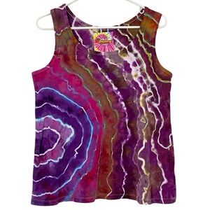 Handmade Geode Tie Dye Tank Top Womens Size XL Wide Strap Upcycled Pink Purple